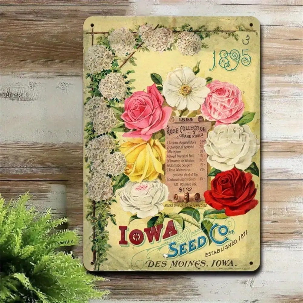 

1PC Tin Sign Vintage Rose Flower - Iowa Seed Co. 1895 Retro Floral, Garden/Home Decor, 8x12 Inches/20x30 Cm