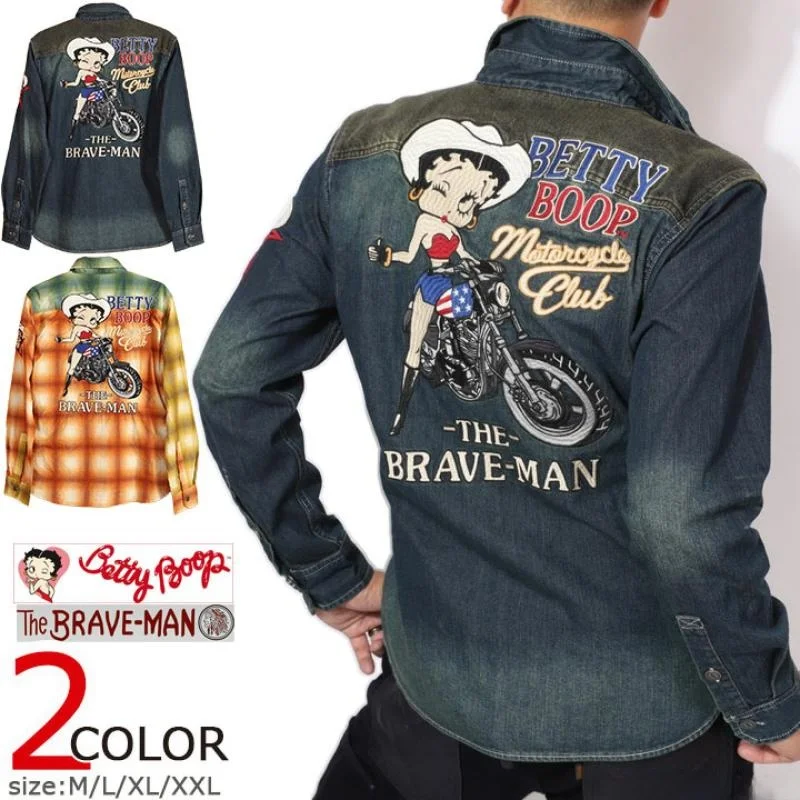 

Мужская классическая джинсовая рубашка в стиле ретро с вышивкой, в клетку, с длинным рукавом, для повседневной носки, молодежный тренд