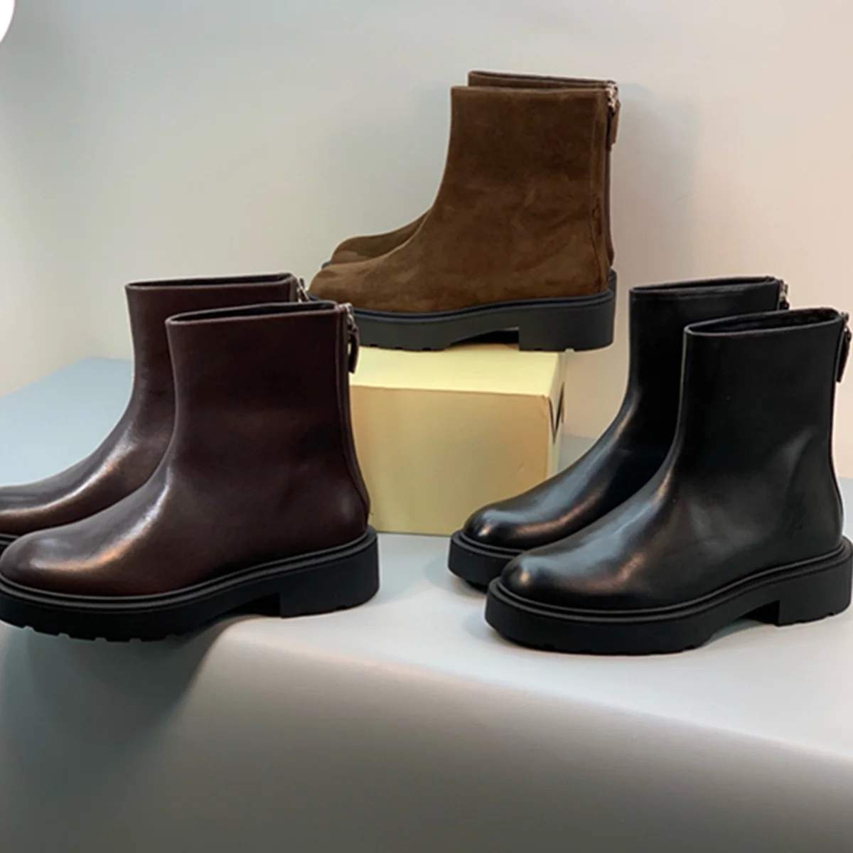 

Jenny&Dave Boots Winter Genuine Woman Shoes Leather Vintage Square Toe Minimalist Versatile Flat Thick Soled Chelsea Boots