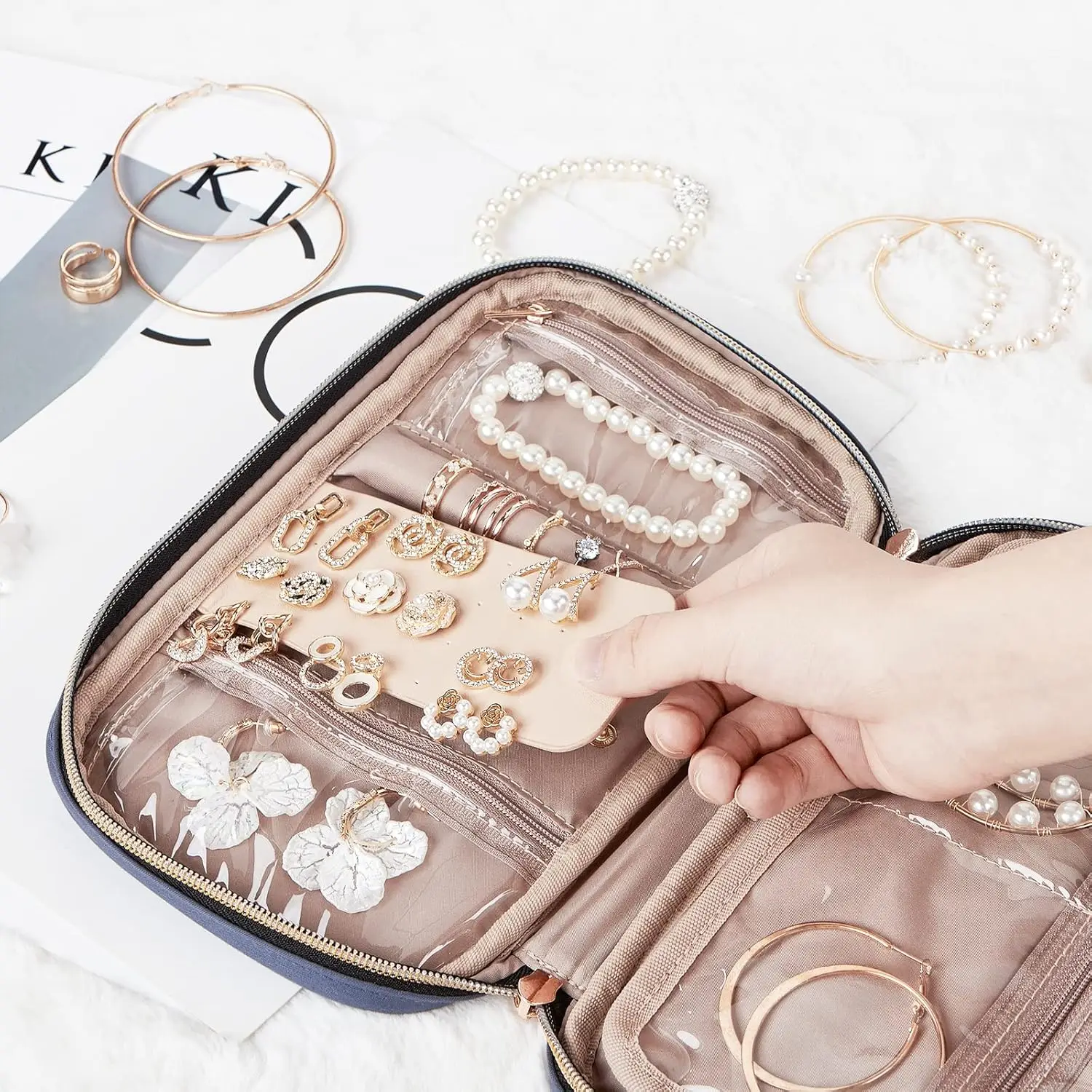 Travel Jewelry Case, Holiday Organizer for Necklaces, Earrings, Rings, Bracelets, Watch, Aegean-Blue