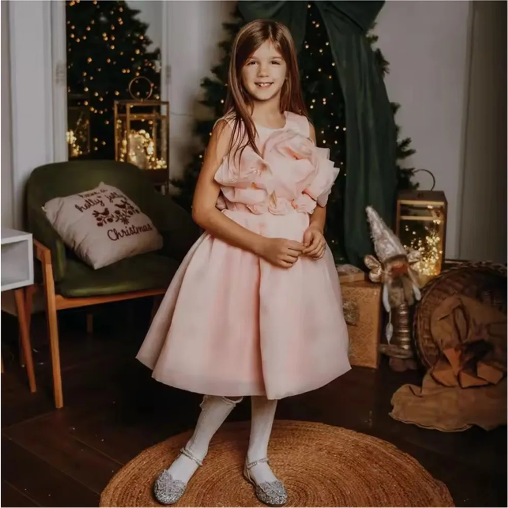 

Pink Flower Girls Dresses for Wedding Flowers Knee Length Ruffles Dress Kids Baby Pageant Princess Birthday Gowns Party Dress