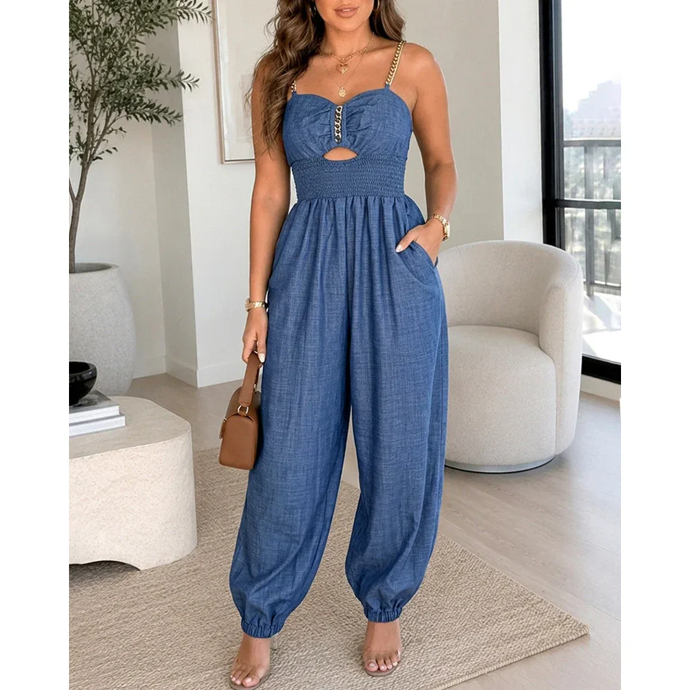 Women's Chain Strap Jumpsuit Hollow Out Shirred Waist Overalls Casual Jogger Jumpsuit with Pockets