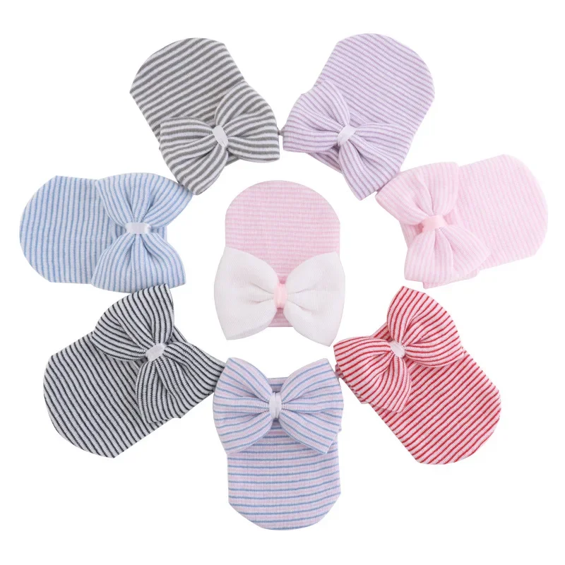 

Newborn Baby Hat Knitted Pullover Hat Cute Bow Fetal Baby Hat Striped With Big Bow Baby Bonnet