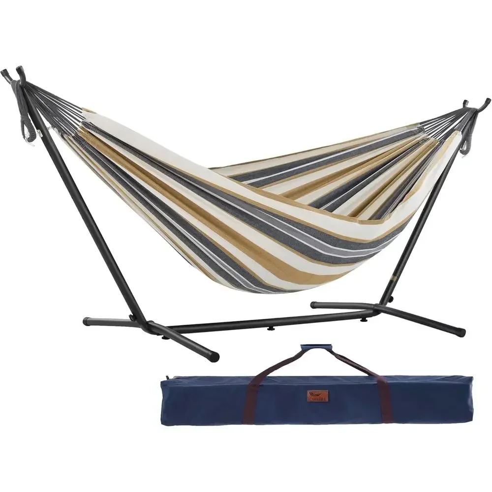 Double Cotton Hammock with Space-Saving Steel Stand, Polyester End Strings, 450 lb Capacity, Premium Carry Bag Included