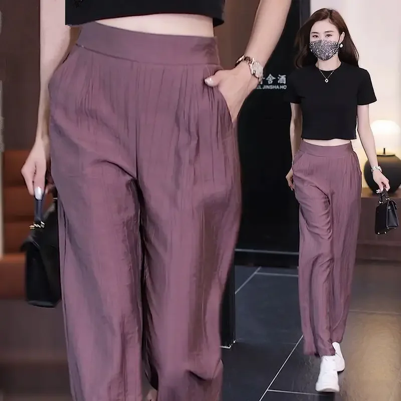 Fashion Elastic Pockets Solid Color Folds Casual Pants Women's Clothing 2024 Summer New Loose High Waist All-match Cropped Pants