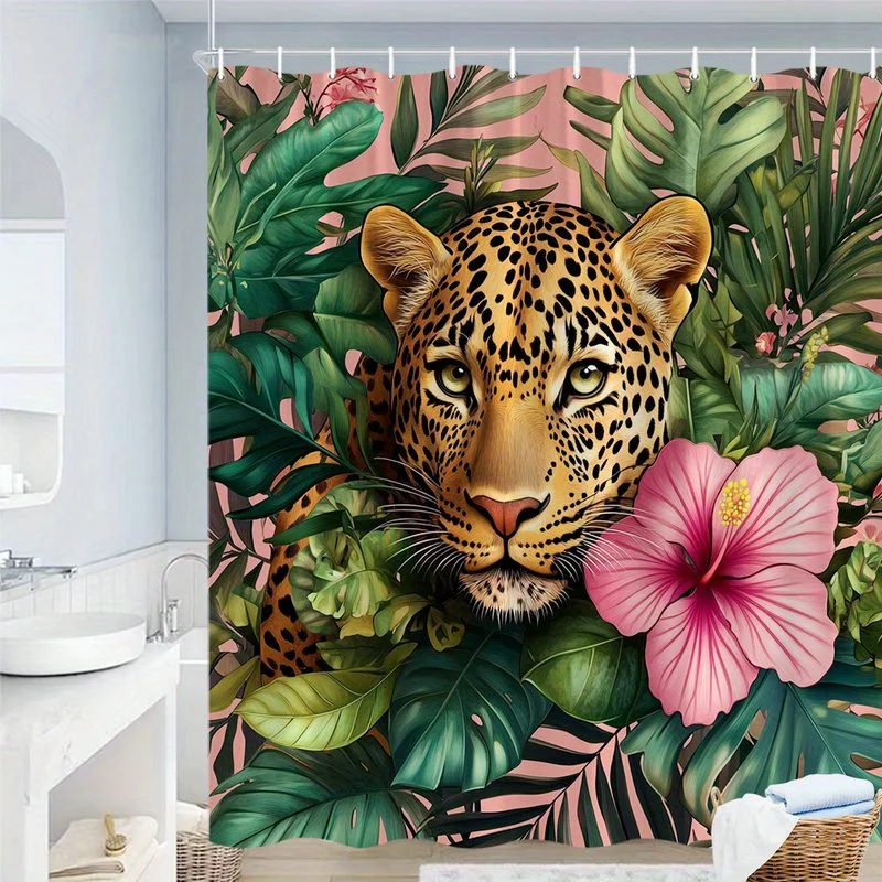 1pc Leopard in Tropical Foliage with Pink Hibiscus Flower Shower Curtain - Realistic Animal Artwork, Lush Greenery & Vivid Flora