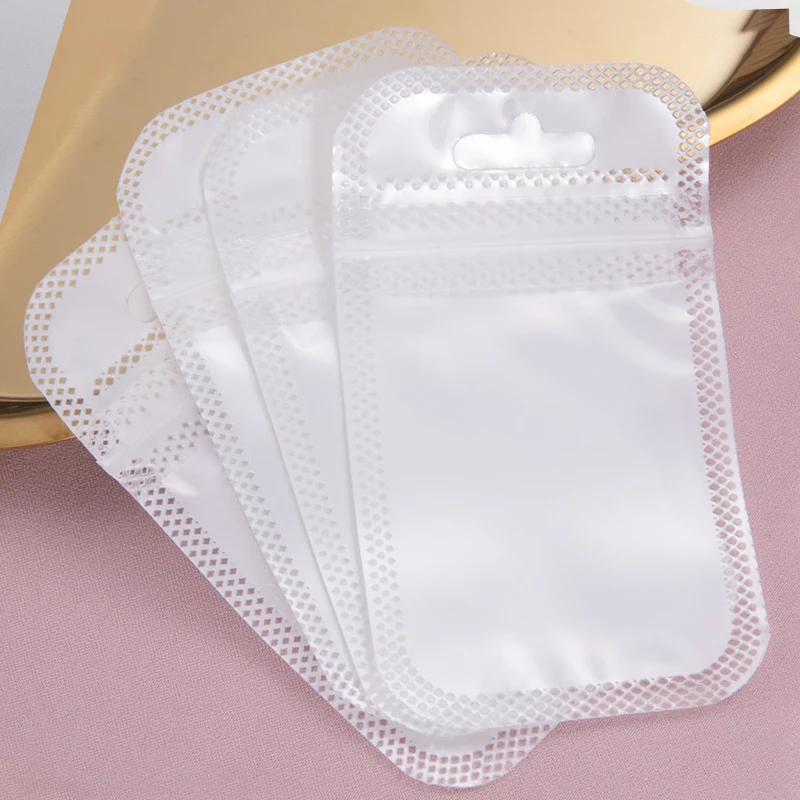 50pcs White Transparent Zipper Bags OPP Pearlescent Film Bags with Hang Hole for DIY Jewelry Retail Packaging Pouch Ziplock Bags