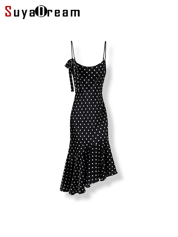 SuyaDream, Woman Dots Printed Dress, 100%Real Silk, Spaghetti Strap, Bias cut, Black Dresses, 2025 Spring Summer Clothes