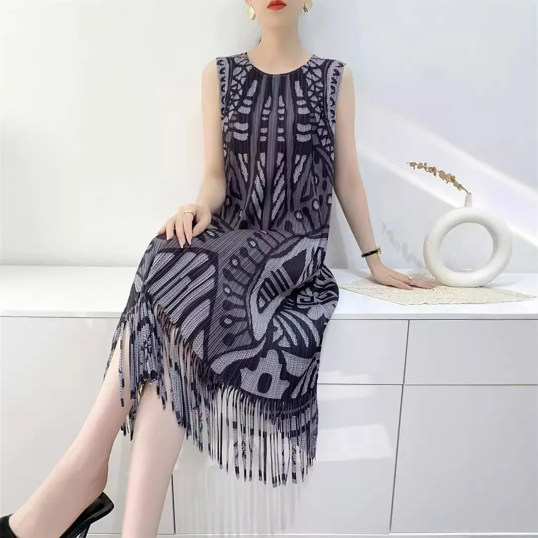 Fold Miyake Pleated Tassel Niche Dress Women's Mid-length Sleeveless Slim Undershirt Skirt 2025 Summer New