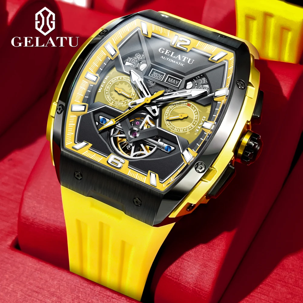 GELATU 6013 Luxury High Quality Men\'s Mechanical Watch Waterproof Silicon Tape Watch for Men Multifunctional Fashion Wristwatch