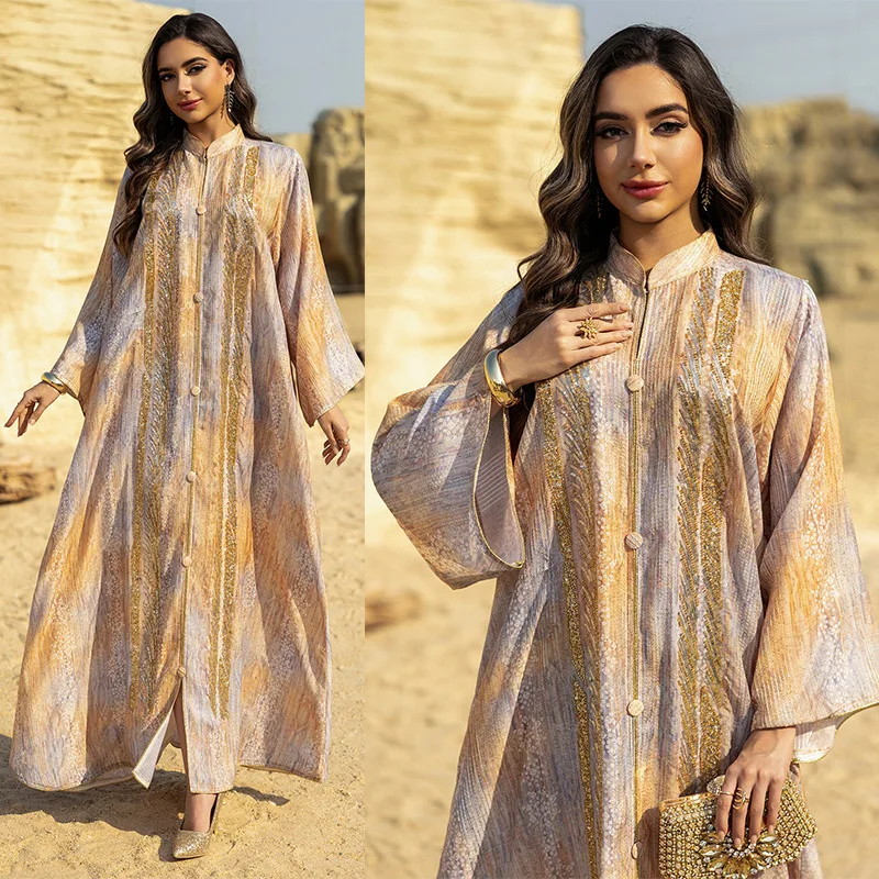 

Muslim luxury fashion women's pullover long skirt women's dress printed bead patch patchwork technology