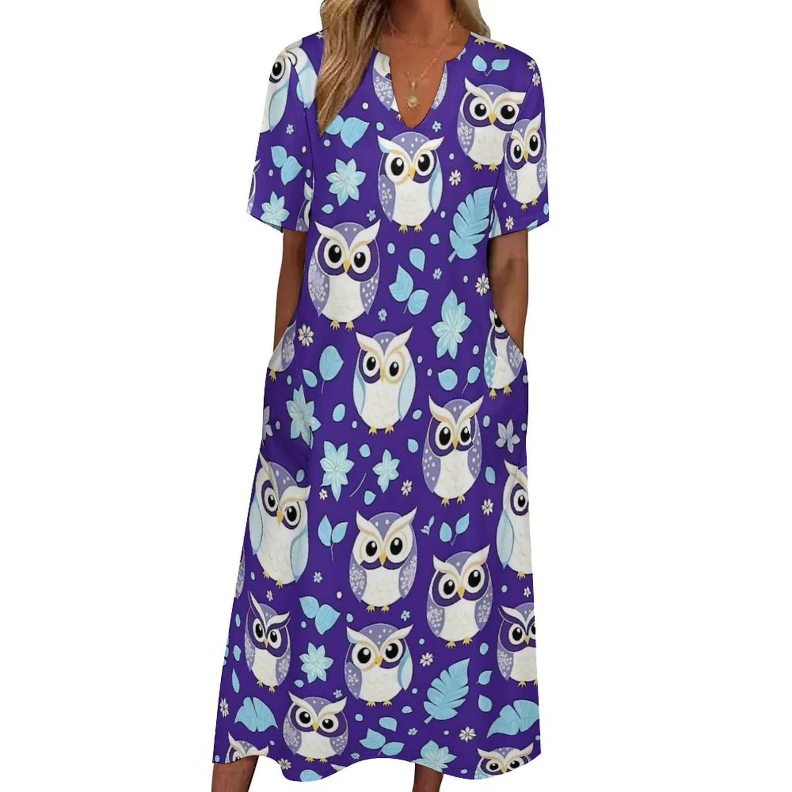 Cute Colorful Bold Owl Dress Summer  Aesthetic Boho Beach Long Dresses Female Custom Party Maxi Dress Big Size 4XL 5XL