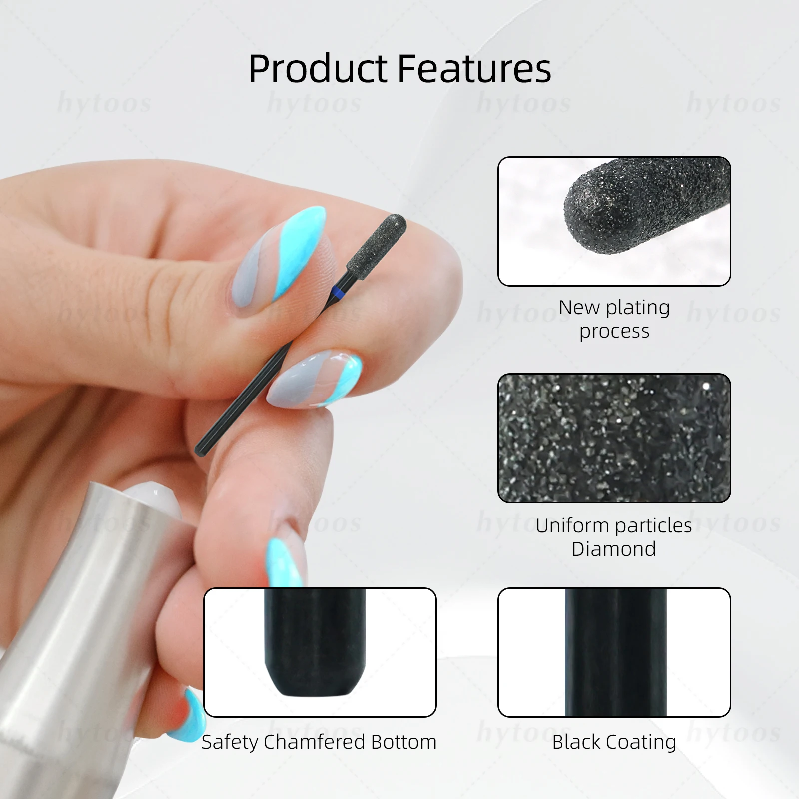 Hytoos brocas de diamante para unhas, pontas redondas pretas pro russa para cutícula, pele morta, limpador de cutícula, ferramentas de pré-tratamento