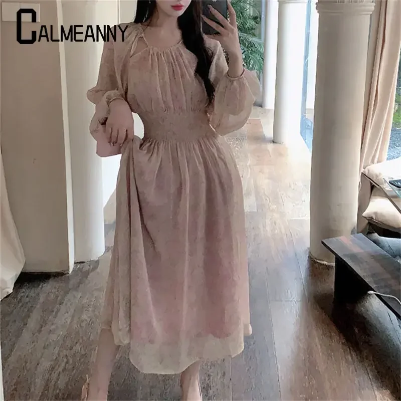 Mulheres Vestido 2023 Verão Edição Coreana Elastic Round Collar Cintura Alta Mangas Compridas Chiffon Cintura Retração A Linha Vestidos