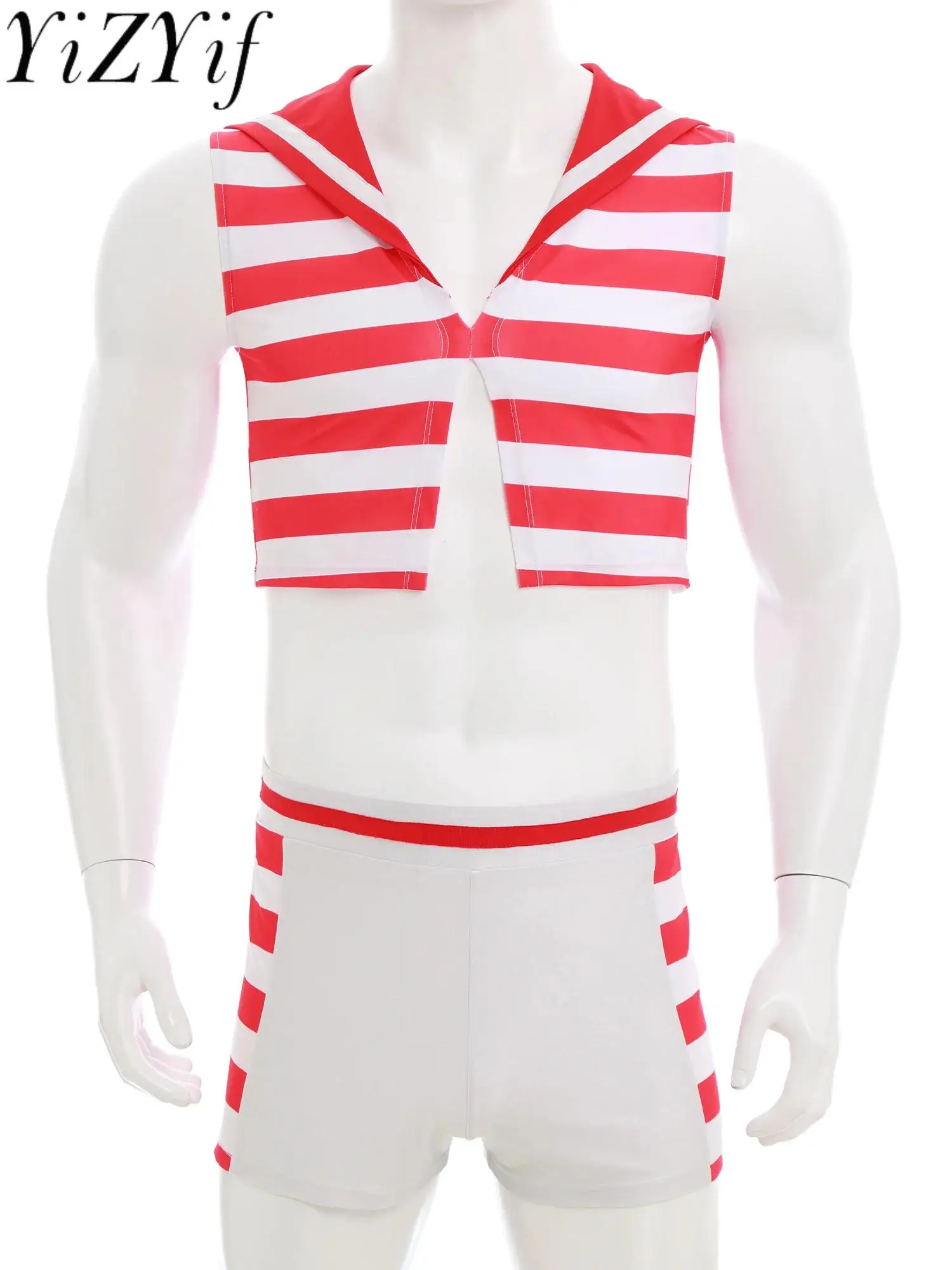 

Men's Halloween Sailor Naval Cosplay Outfits Mini Striped Tank Top with Boxer Shorts 2-piece Suit for Halloween Masquerade Party