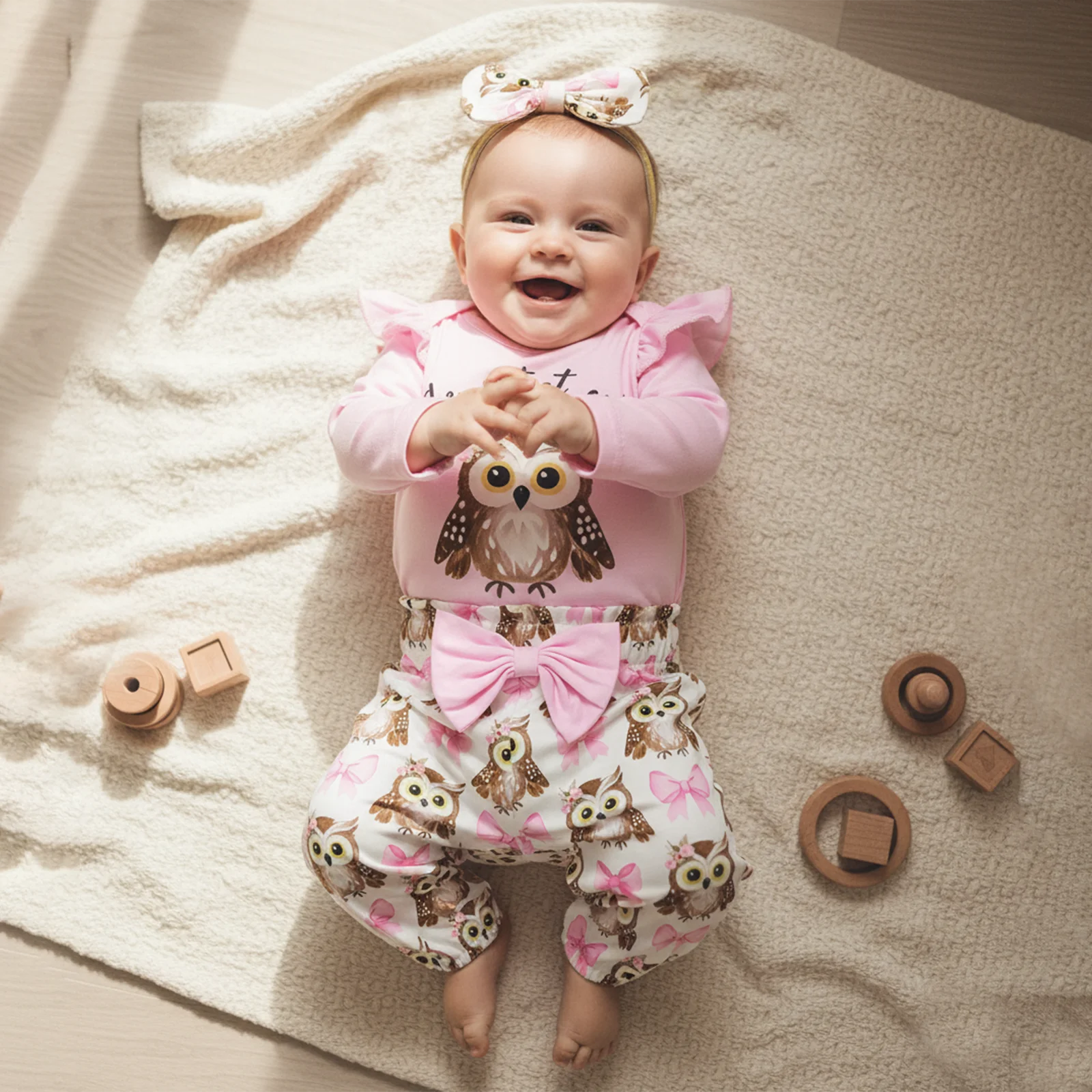 3 قطع ملابس الربيع للفتيات الرضع كشكش طويلة الأكمام طاقم الرقبة البومة طباعة رومبير مرونة الخصر السراويل ومجموعة عصابات رأس #2