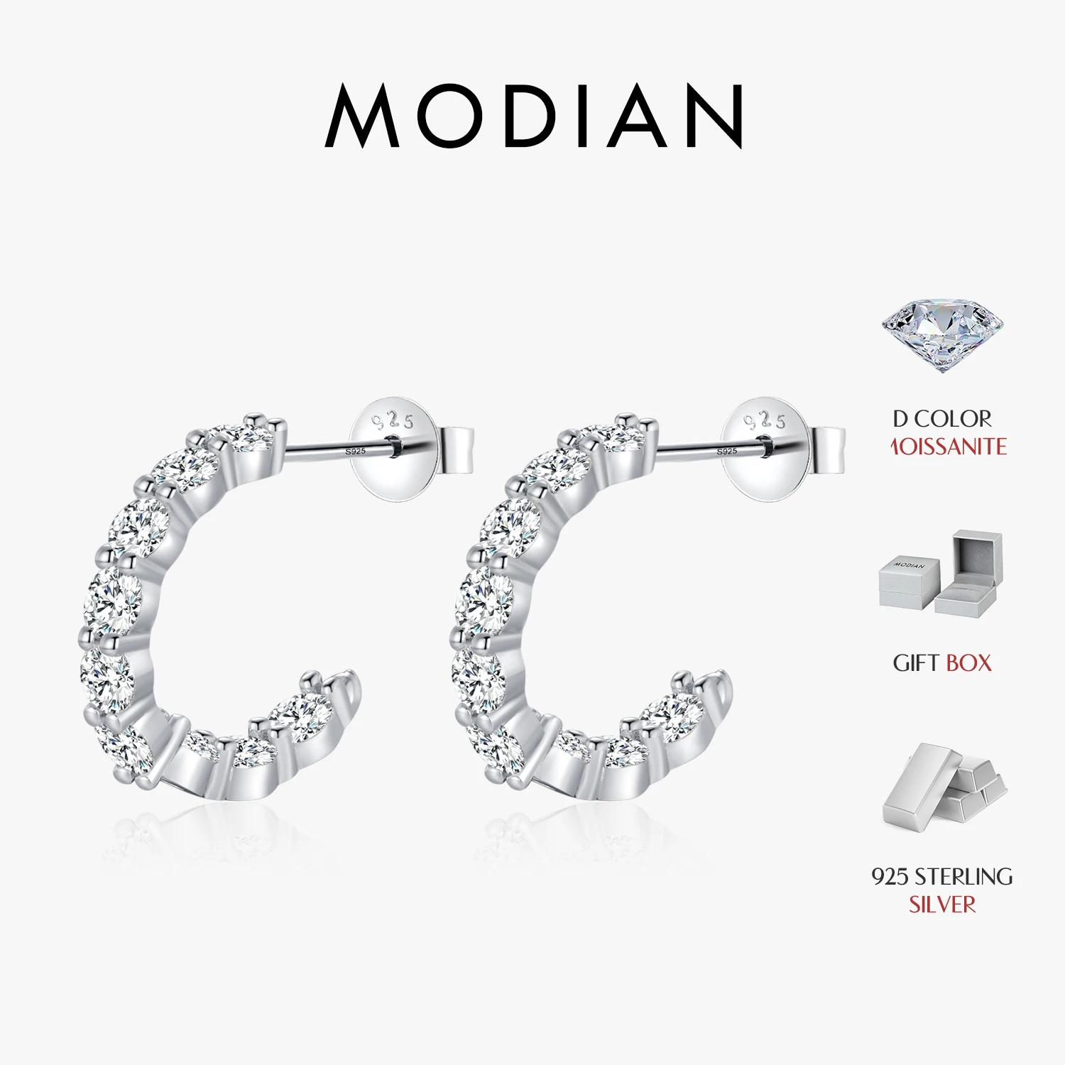 MODIAN D Color C Shape Moissanite Earrings 925 Sterling Silver Charming Dazzling Hoop Earrings For Women Wedding Fine Jewelry