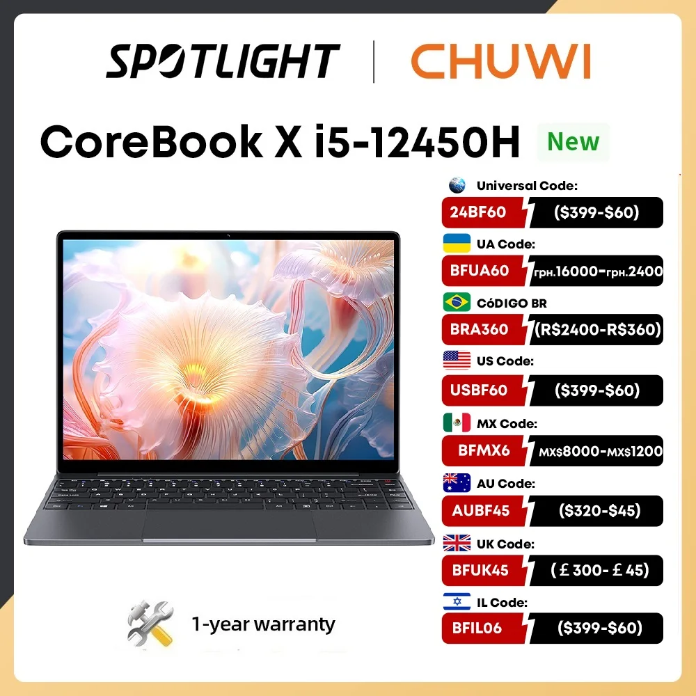 CHUWI Corebook X 2024 Laptop i5-12450H 8Cores 14 inch FHD IPS Screen 16GB RAM 512GB SSD WIFI 6 Windows 11 Gaming NoteBook PC