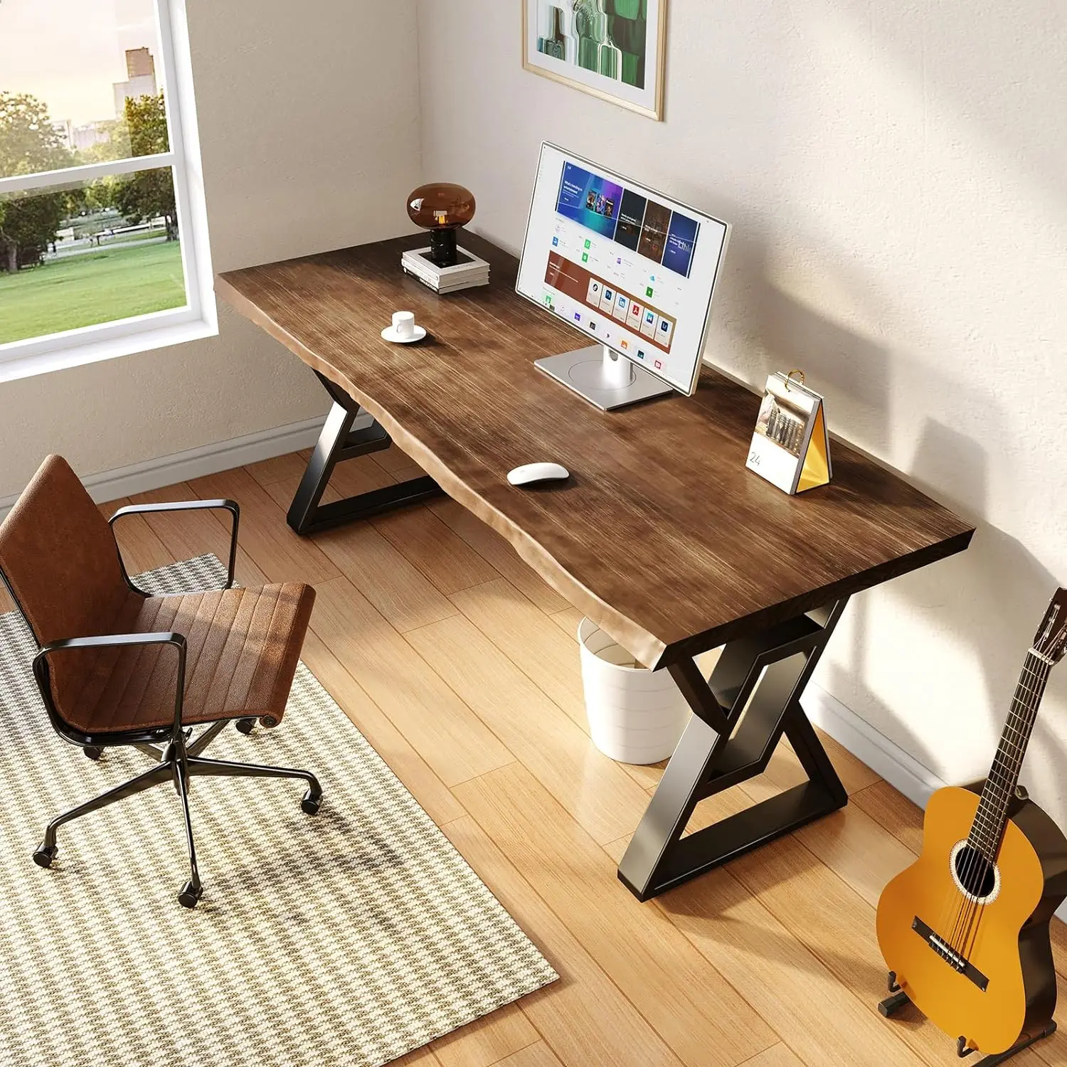 Mesa do computador de madeira maciça, bancada de jogos para home office, design moderno e simples, estudo ideal, marrom rústico, 55"