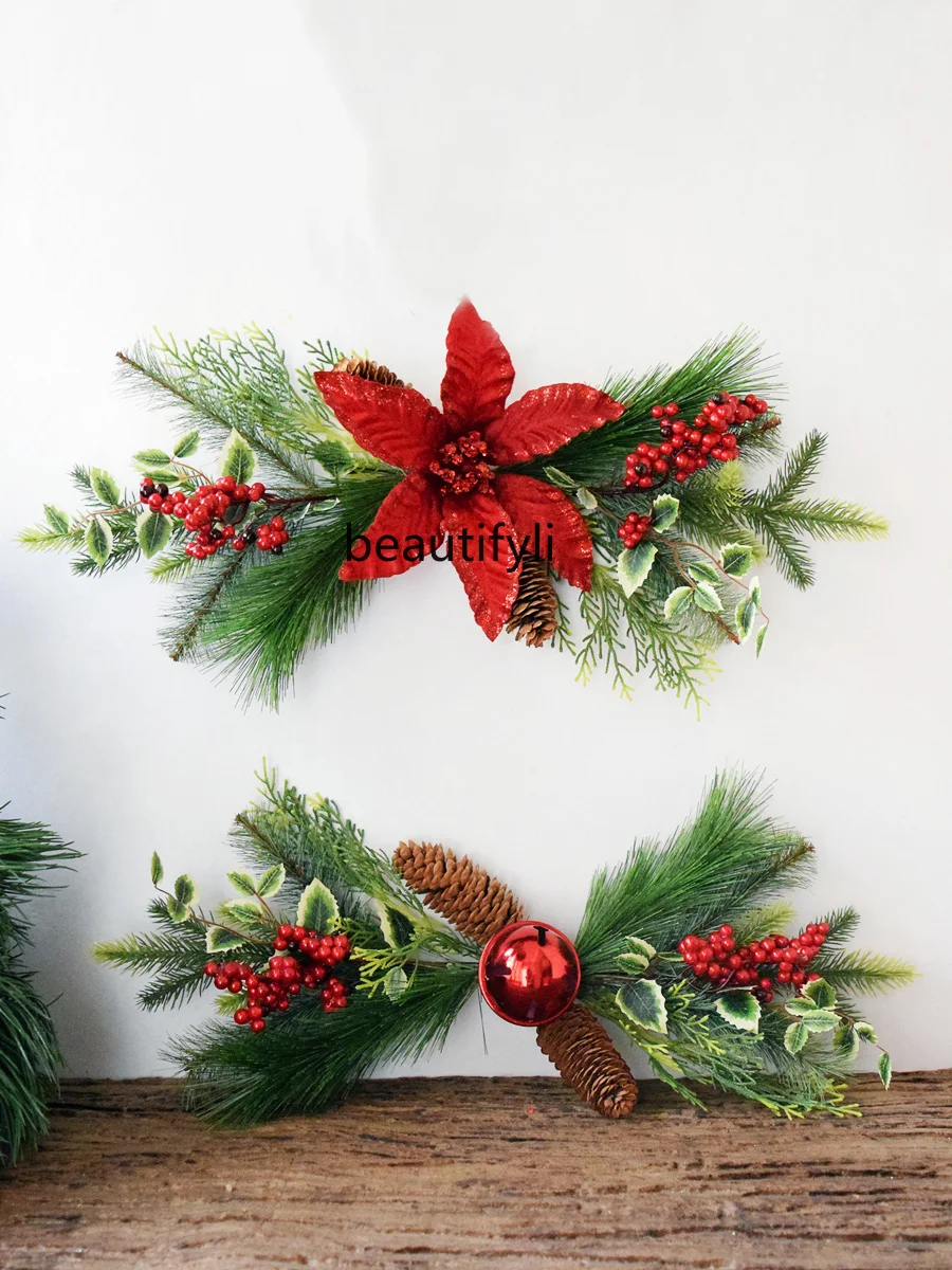 Wall decoration pendant, Christmas flower fake pine needles, green leaf bells, pine cones, Christmas wall hanging