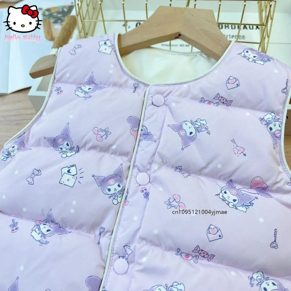 

Sanrios зимний Kuromi детский пуховый жилет с v-образным вырезом в стиле аниме для девочек, теплая куртка на молнии с принтом внутри, милая без рукавов с героями мультфильмов