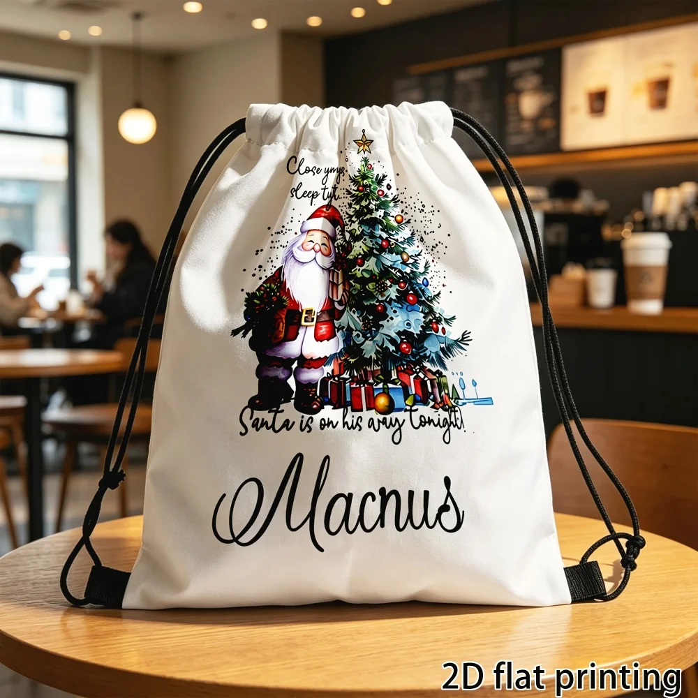 1Pc Custom Name/Text Christmas Santa Claus Drawstring Backpack, Lightweight Sports Bag, Gym Storage Bag, Outdoor Travel Rucksack