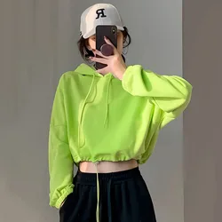 Chic Streetwear Cropped Hoodies Women Simple Preppy Ins Hipster Green Sweatshirts Casual Long Sleeve Hooded Clothes Vintage Tops