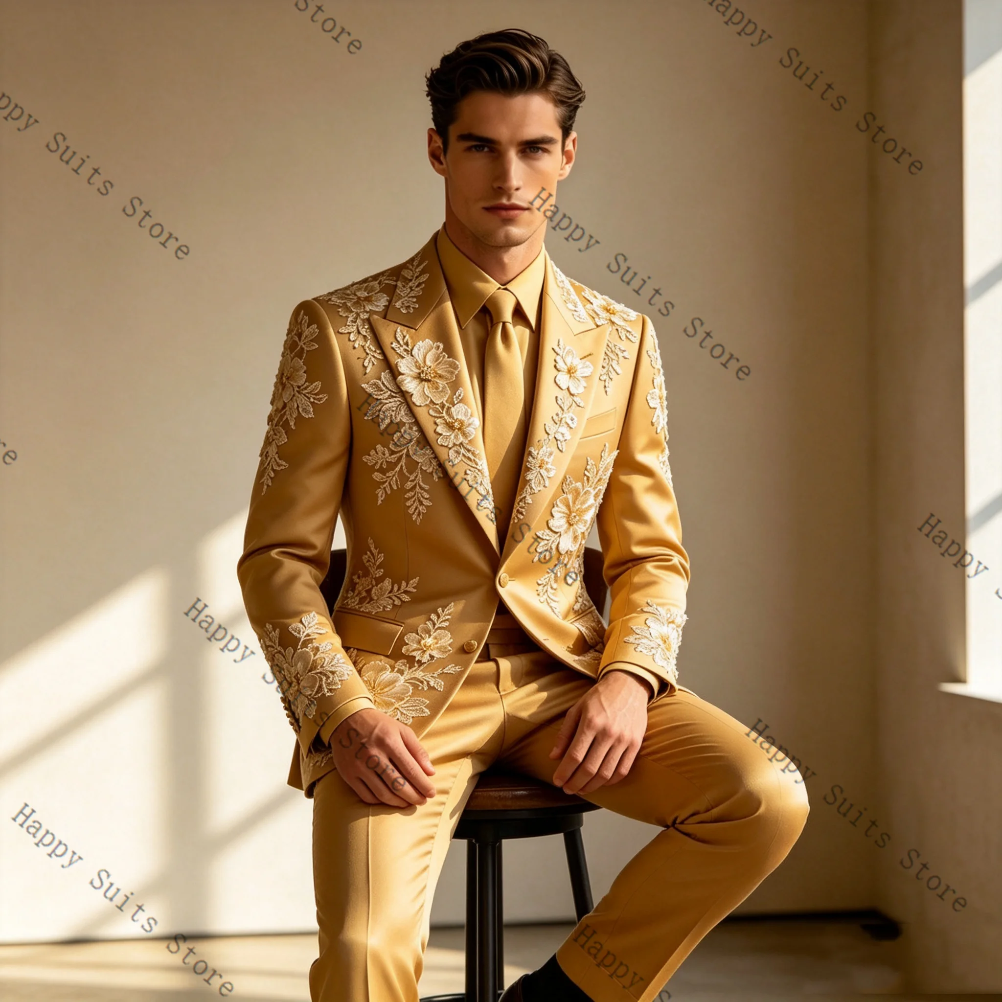 

Yellow Appliqued Men Suit Set 2 Pcs Blazer+Pants Trousers Cotton Formal Office Coat Wedding Tuxedo Customized Jacket Outfit