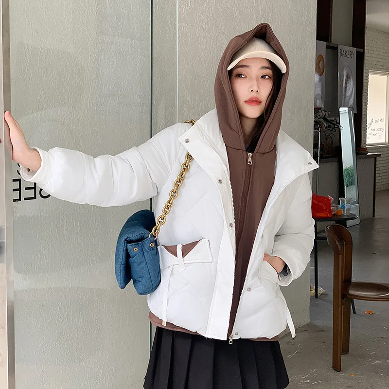 Women's Fall Winter Tops Jacket Cotton Coat Fake Two Piece Thickened Short Hooded Warm Niche Design Sense Casual Soft Fashion