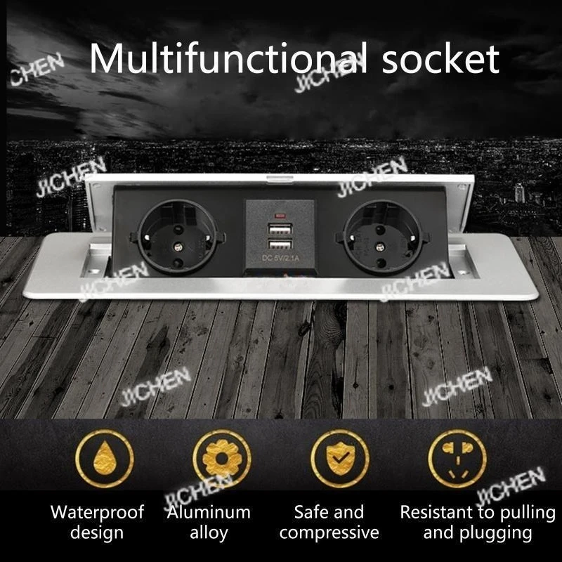 

E15A Стандартная розетка ЕС, черная/серебристая, 2 цвета, можно выбрать панель из алюминиевого сплава, европейская стандартная настольная выдвижная розетка, 2 USB-порта