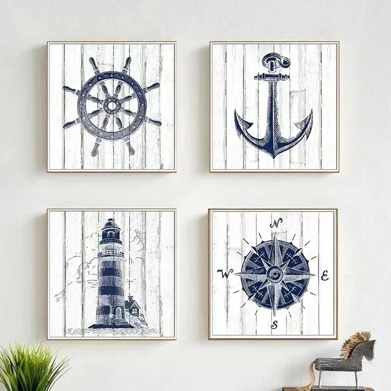 Nautical Chart Painting Lighthouse Canvas Painting Navy Picture Anchor Compass Poster Mediterranean Boy Room Home Decor