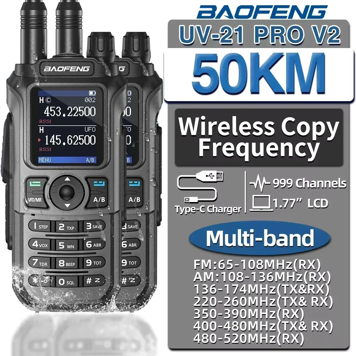 2pcs-baofeng-uv-21-pro-v2-walkie-talkie-a-lungo-raggio-wireless-copia-frequenza-tipo-c-tri-band-potente-impermeabile-radio-bidirezionale