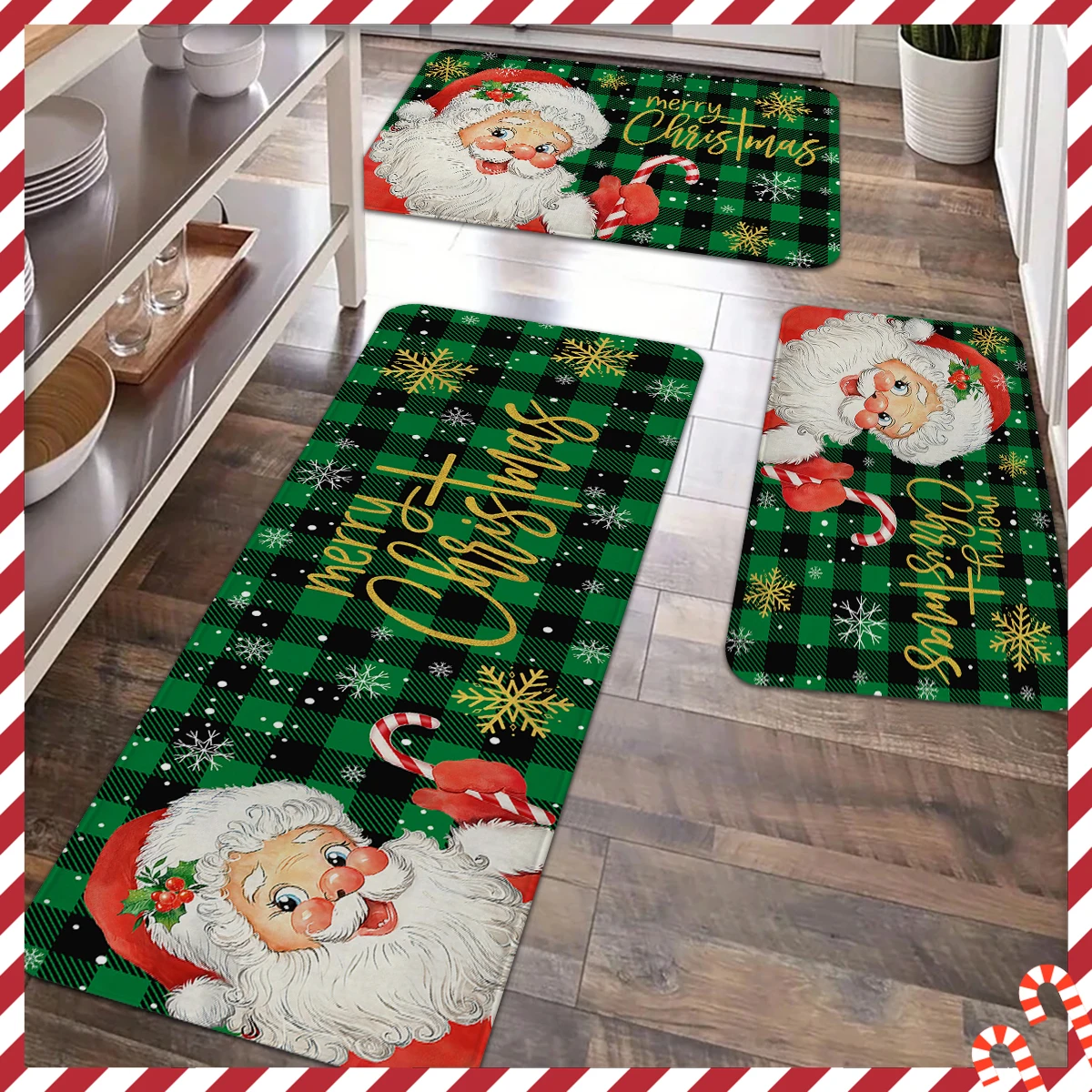 

1/2/3pcs Green Buffalo Grid Santa Claus Merry Christmas Kitchen Floor Mat Non-Slip Durable Christmas Theme Carpet for Home Decor
