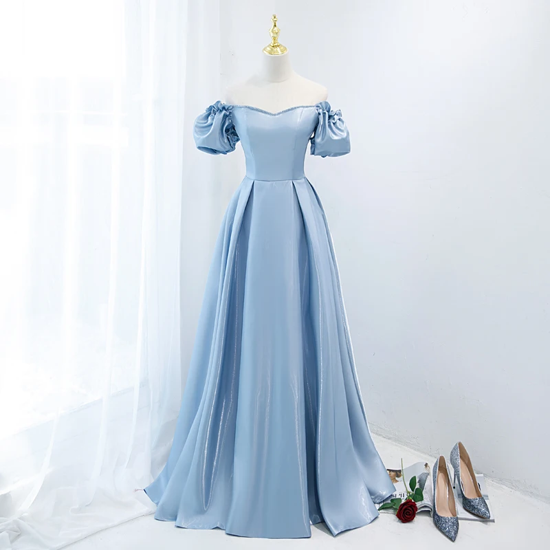 

Evening Dress Simple Boat Neck Floor-Length Off The Shoulder Elegant Pleat A-Line Lace Up Satin Party Formal Dresses Woman B1465