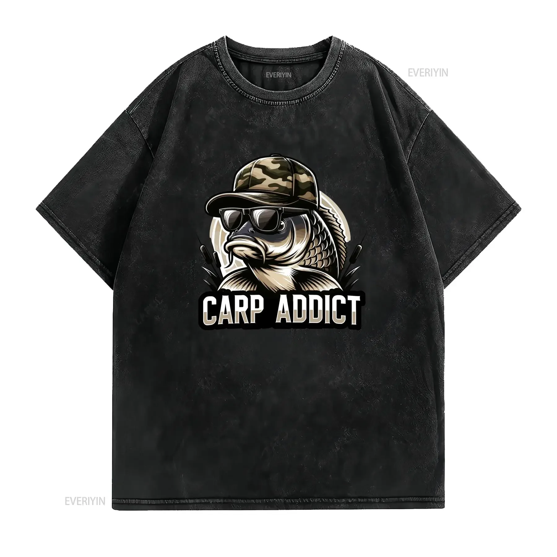 1 T shirt Homme Pêche 180G Lourd Col Rond Doux Design Carpe Addict avec Imprimé Équipement Lavable à la Main Haut vintage