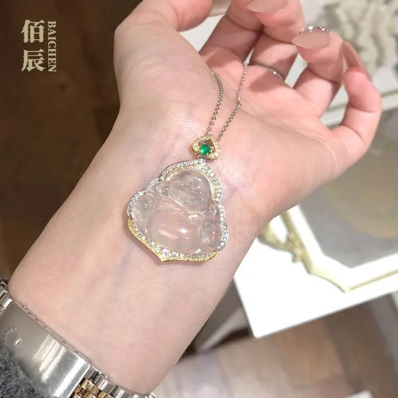New Chinese-style necklace with an ice-white chalcedony Buddha pendant, comparable to jadeite and agate, featuring a Maitreya Bu