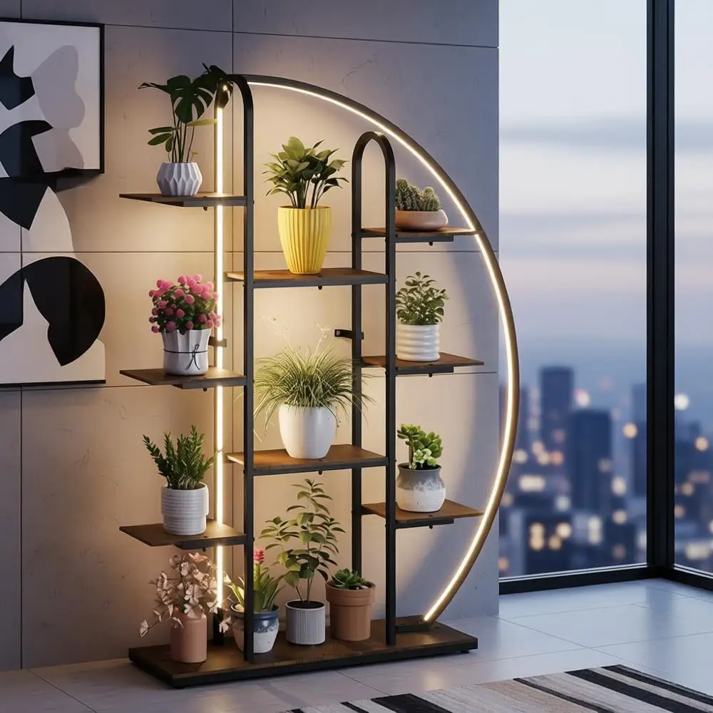 Indoor 9-Tier Metal Plant Stand with LED Lights, Tall Moon-Shaped Rack for Living Room and Balcony.
