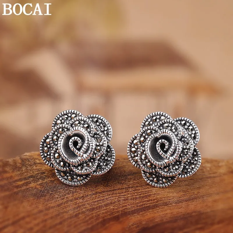 BOCAI S925 Silver Studs Earrings for Women Fashion Relief Rose Marcasite Pure Argentum Ear-Clip Classic Jewelry Wholesale