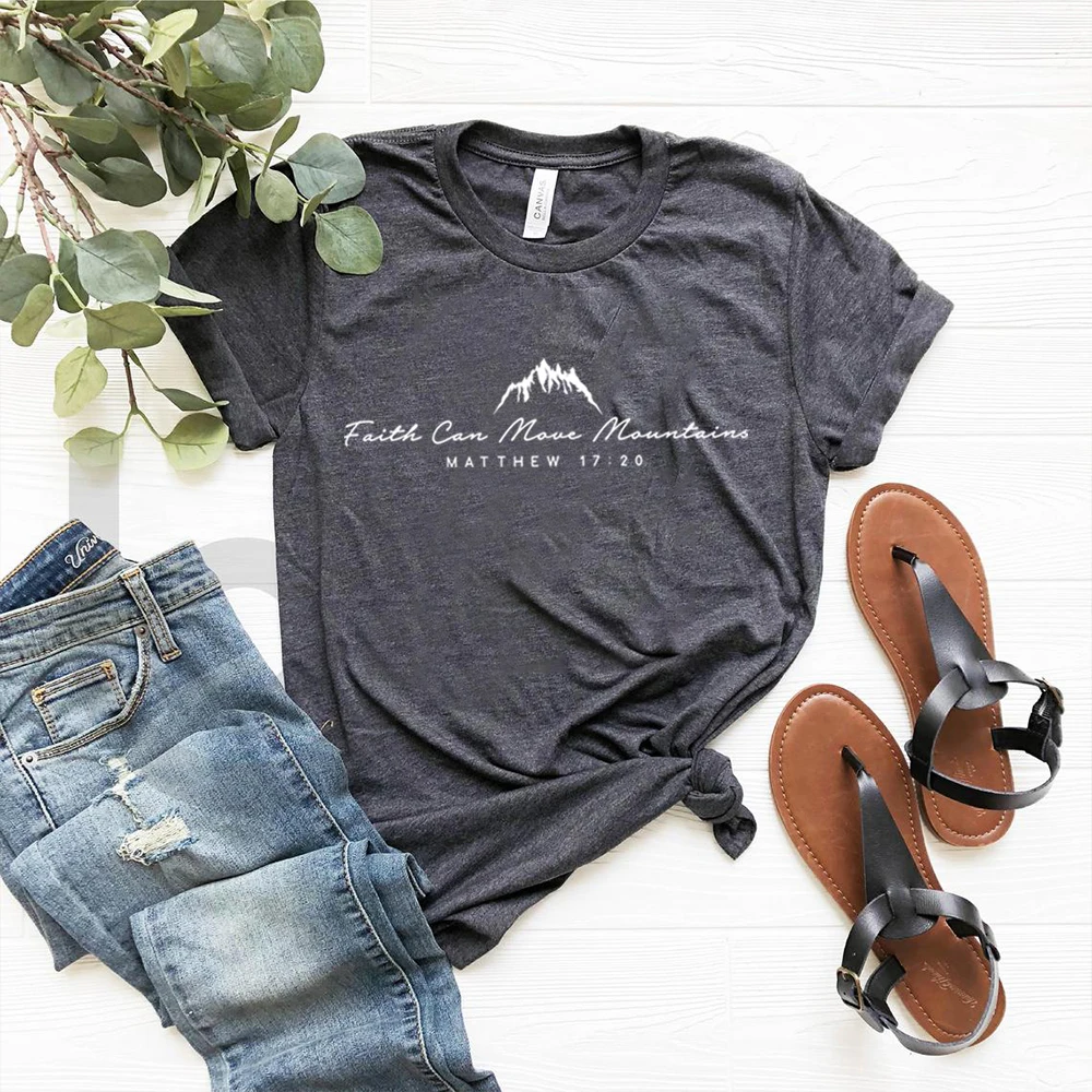 2025 Jesús fe puede mover montañas camiseta moderna camisa cristiana versículo de la Biblia fe camisetas moda cristiana Camiseta de manga corta