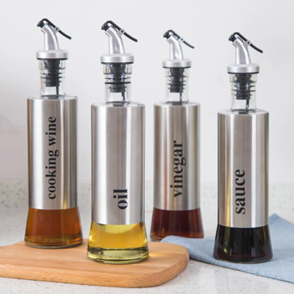 

300 Ml Stainless Steel Oil Bottle Leakproof Condiment Dispenser Glass Pot Cruet Bottle Kitchen Tool Vinegar Container Household