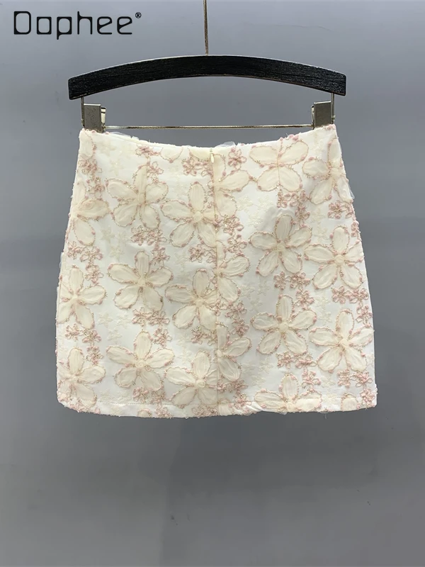 High End Beaded Sequined Flower Print Mini Skirt Women OL Fashion Temperament High Waist A-line Skirt Elegant Socialite Skirts