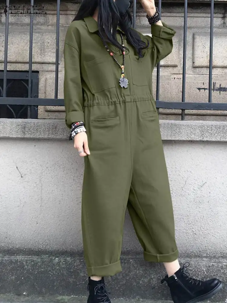 

ZANZEA Spring Jumpsuits 2024 Fashion Rompers Women Lapel Neck Long Sleeve Playsuits Vintage Trousers Casual Loose Wide Leg Pants
