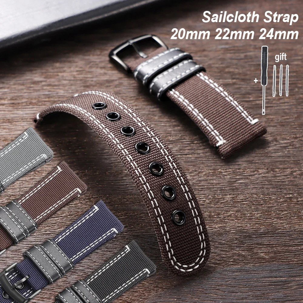 

20mm 22mm 24mm Sailcloth Straps for Omega for Blancpain for Seiko Divers Nylon Leather Watch Band Black Brown Men Women Bracelet