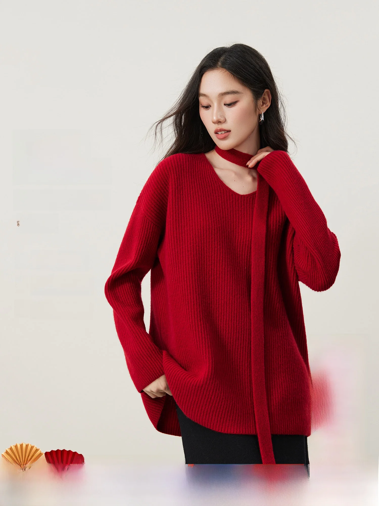 

New Year Limited Edition 00% Wool Sweater with Sa V-Ne Knitted Women's Winter Loose Fit Ele Sle Woolen Sweater