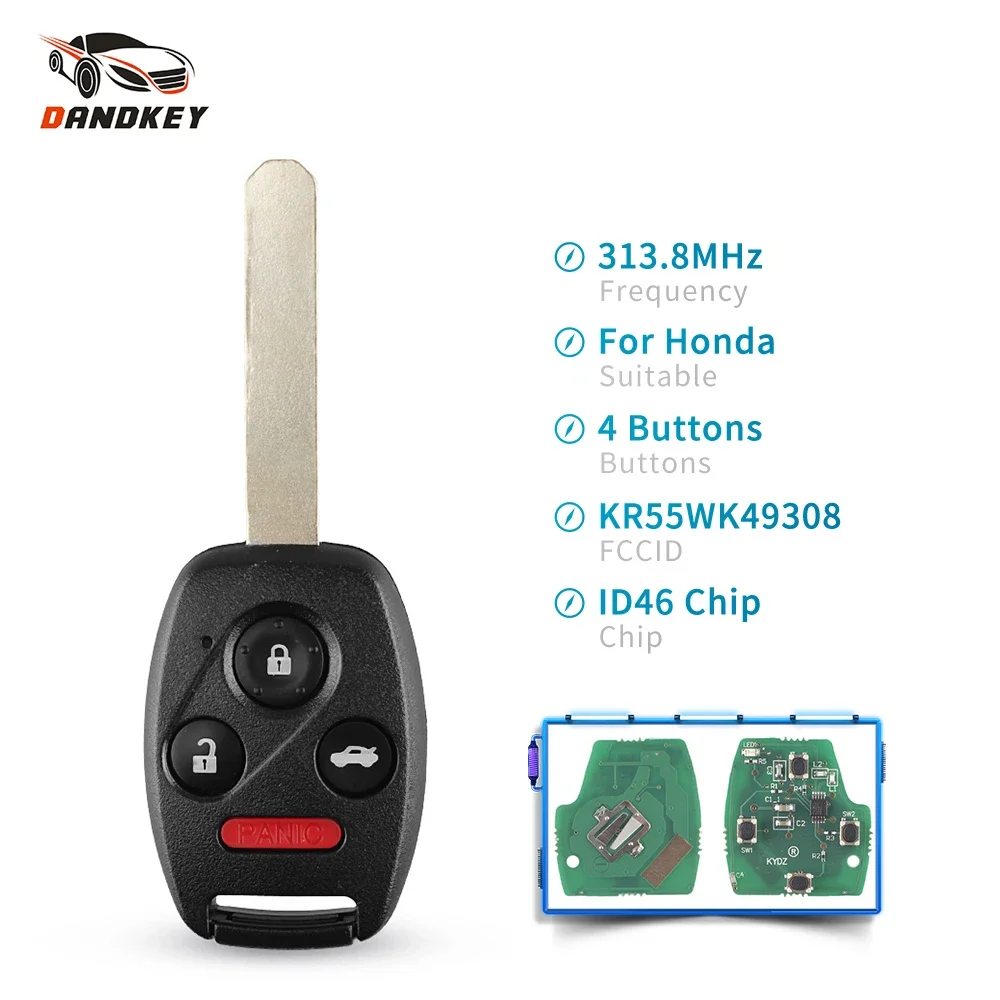 Dandkey For Honda Accord 2008 2009 2010 2011 2012 313.8Mhz KR55WK49308 Remote Key Replacement Uncut Fob Car Key Fob ID46 Chip