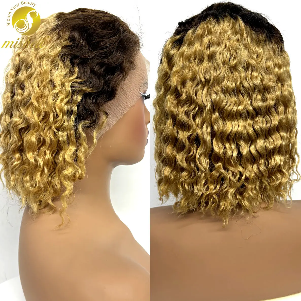 

13x4 Кружева спереди 4/613 Медовый блондин Короткая волна воды Боб Парик Парики из человеческих волос 250% Плотность Глубокие волны Вьющиеся парики для чернокожих женщин