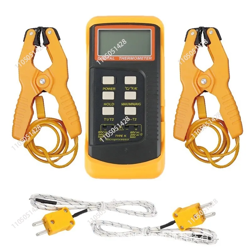 Digital K Type Thermocouple Thermometer(-50-1300°C) Dual Channel, 2 Thermometer Pipe Clamp and 2 Sensor Probes