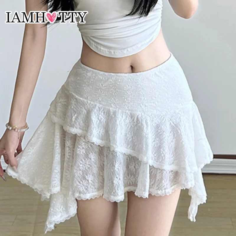 IAMHOTTY Tiered Ruffle Asymmetrical Skirt White High Waist Irregular A-line Mini Skirts Fairycore Aesthetic Layered Bottoms Y2K