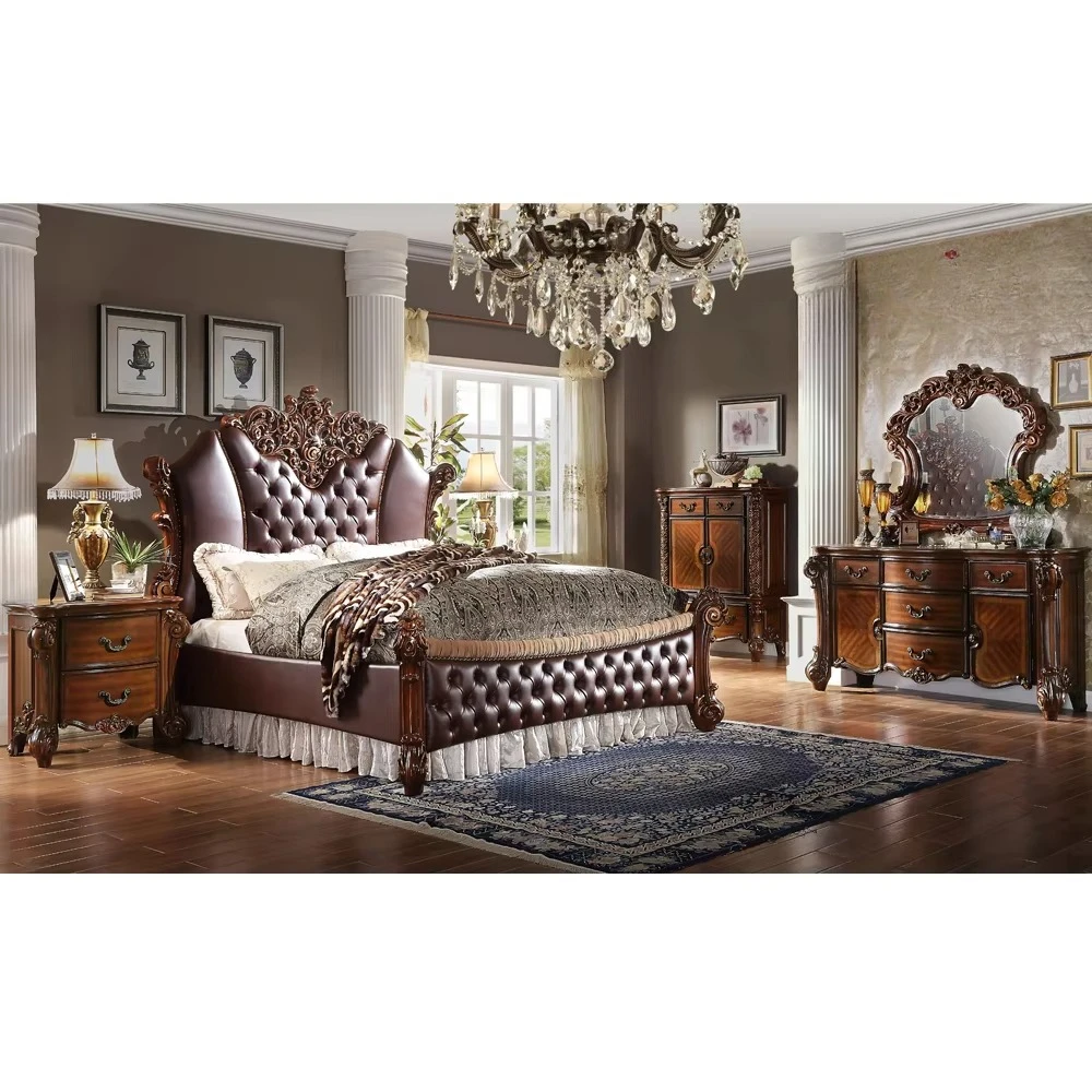 European Classical Style Solid Wood Bed with Ornate Carvings and Leather Upholstery
