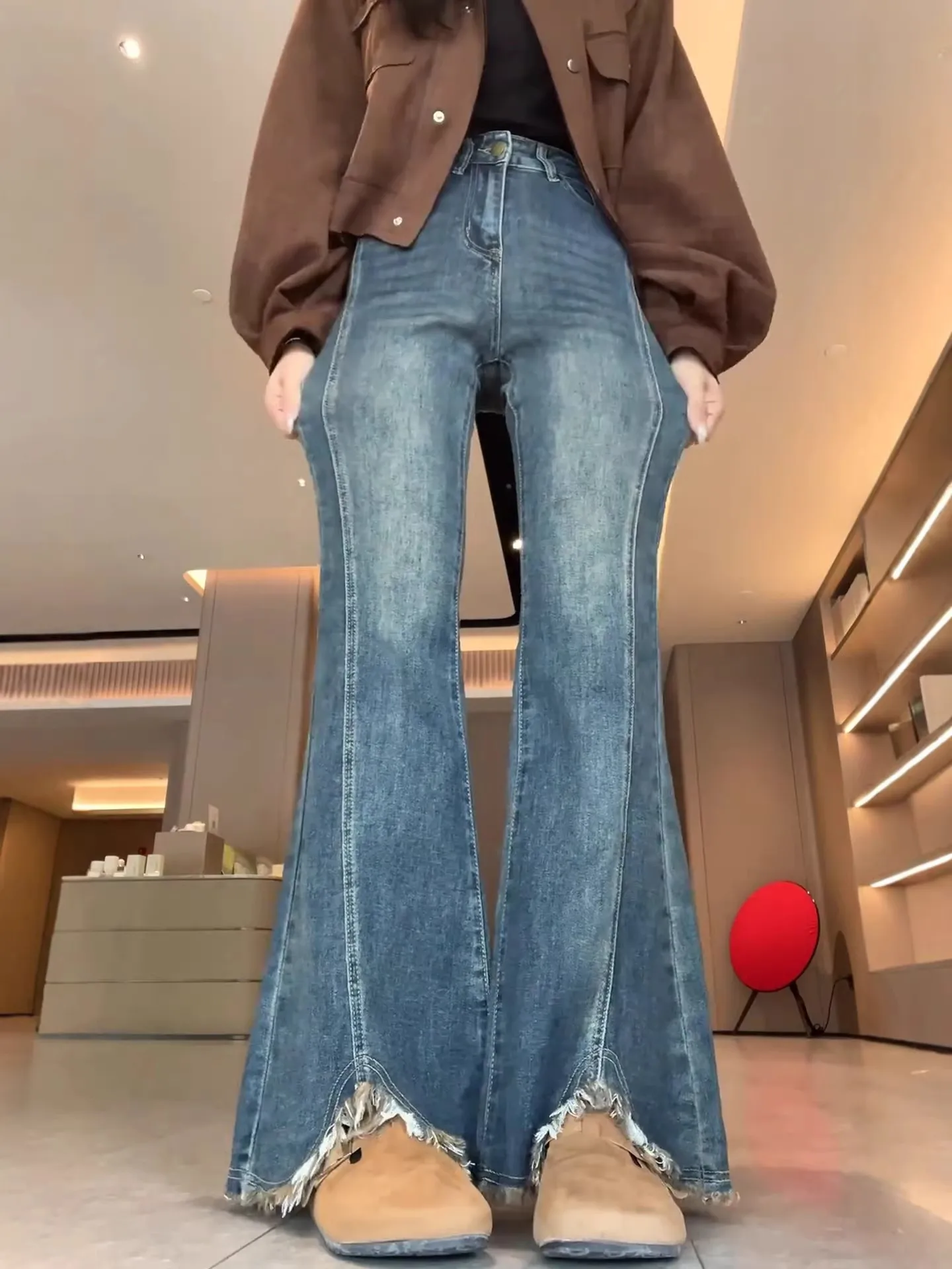 

High Waist Slimming Stretchy Blue Edged Bell Bottom Jeans plus Size Retro Split Denim Pants Women's Spring Autumn New Style